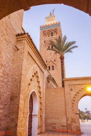 vista ad angolo basso della moschea koutoubia a marrakech, marocco