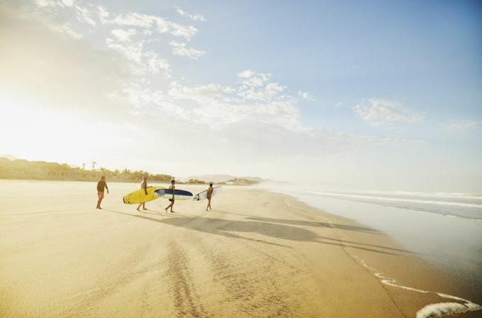 colpo estremo della famiglia che trasporta tavole da surf sulla spiaggia tropicale mentre prende lezioni di surf durante le vacanze