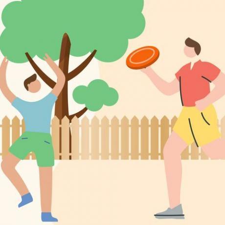 illustrazione dell'uomo che gioca a frisbee con il bambino