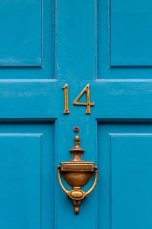 porta d'ingresso blu con battente in ottone