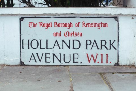 Nome della via segno su Holland Park Avenue, Londra, Regno Unito.