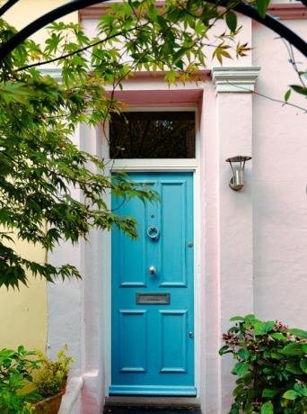 vernice della porta d'ingresso, architettura esterna di case residenziali a schiera nella zona di Notting Hill, una zona ricca di londra, regno unito