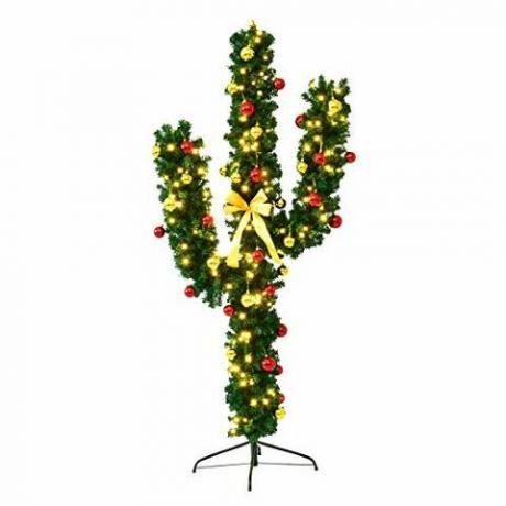 Albero di Natale in cactus artificiale pre-illuminato Goplus con luci a LED e ornamenti a sfera