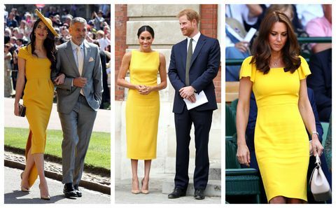 Amal Clooney, Meghan Markle, Kate Middleton - gite pubbliche in abiti gialli