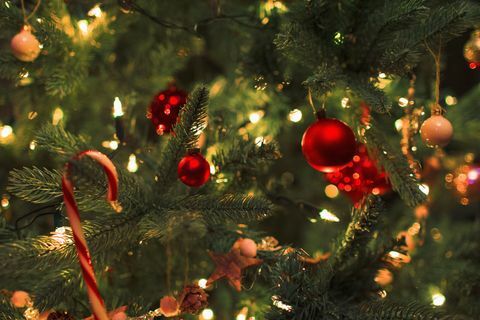 Chiuda sugli ornamenti e sulle luci della stringa sull'albero di Natale