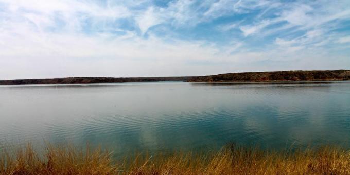 paesaggio lacustre con erba, lago Meredith, Texas, Stati Uniti d'America