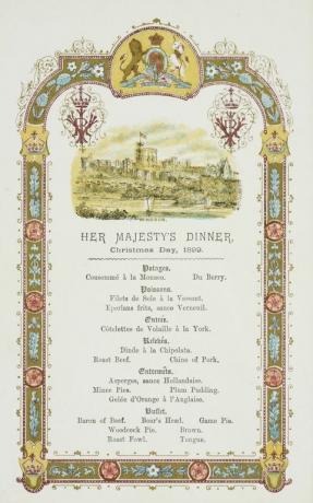 Menu per la cena della regina Vittoria, il giorno di Natale, 1899.