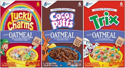 general mills big g fiocchi d'avena istantanei alla cannella toast croccante, portafortuna, bignè al cacao e cereali trix