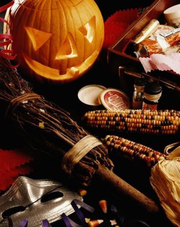 Decorazioni per feste di Halloween: Jack-o-lantern, scopa di strega, mais essiccato, maschera e trucco
