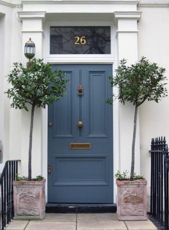 porta d'ingresso blu con fioriere londra