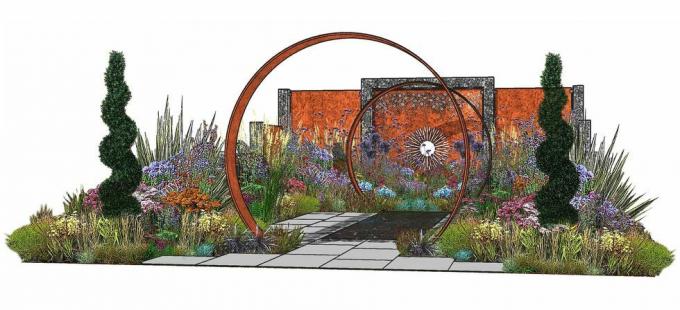 il giardino dello sprazzo di sole, mostra il giardino, progettato da charlie bloom e simon webster, rhs hampton court palace garden festival 2022